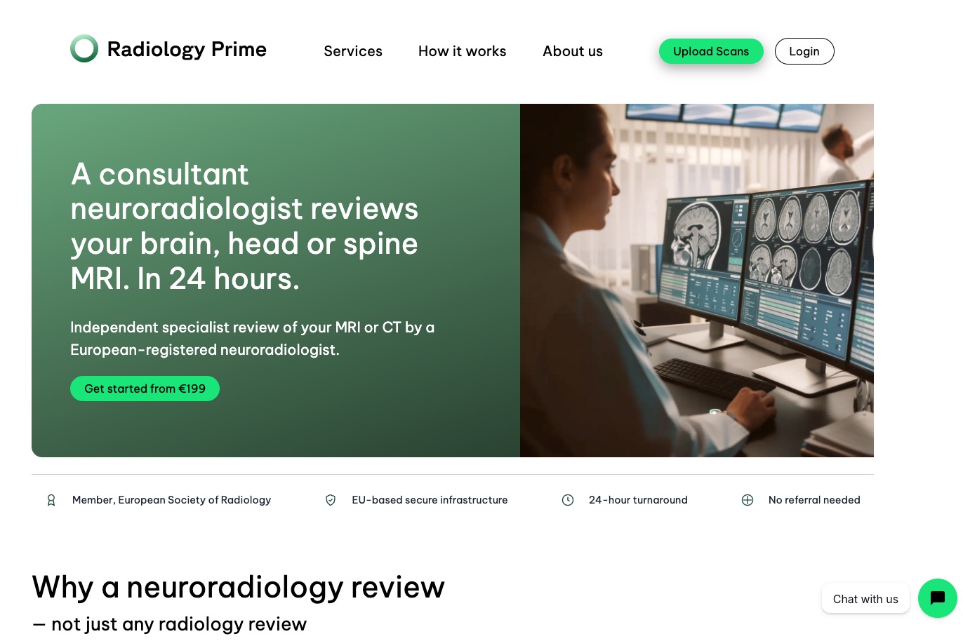 The Radiology Prime homepage as reviewed, with three findings marked on it.