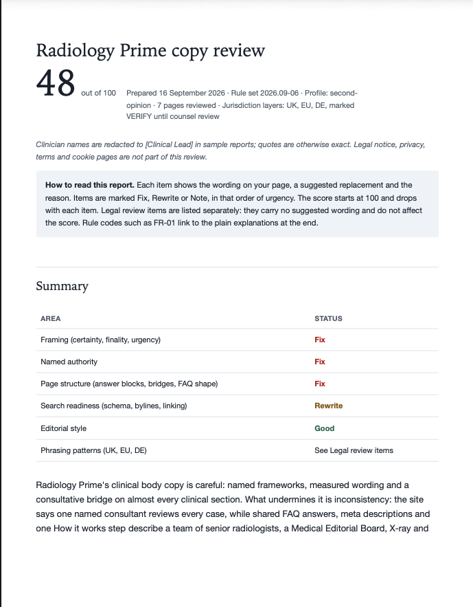 Page one of the Radiology Prime site review.